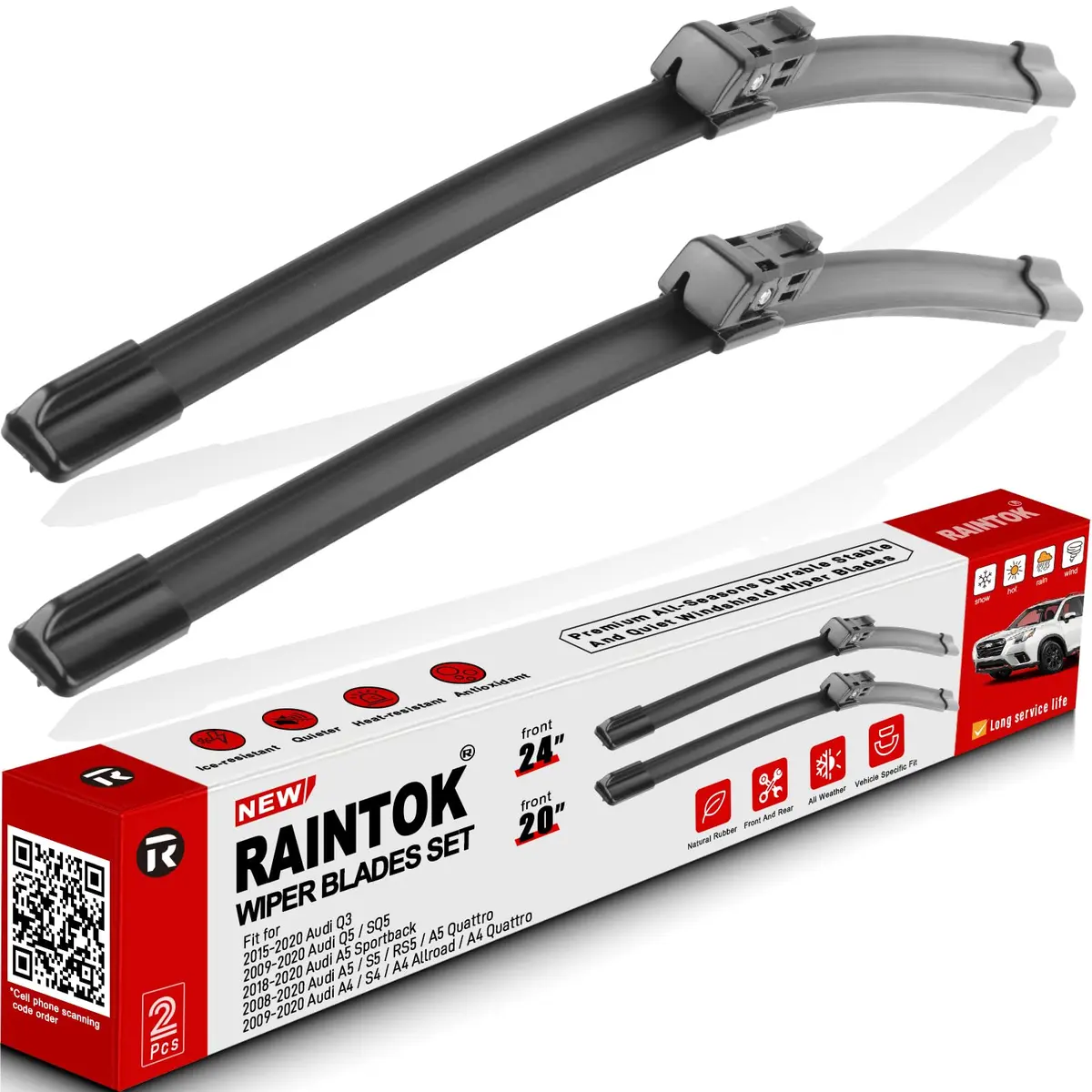 Raintok Windshield Wiper Blades Replacement for Audi Q3 2015-2024 & Q5 SQ5 2009-2024 | 24"+20" | Long-lasting, Precise Fit - main product image