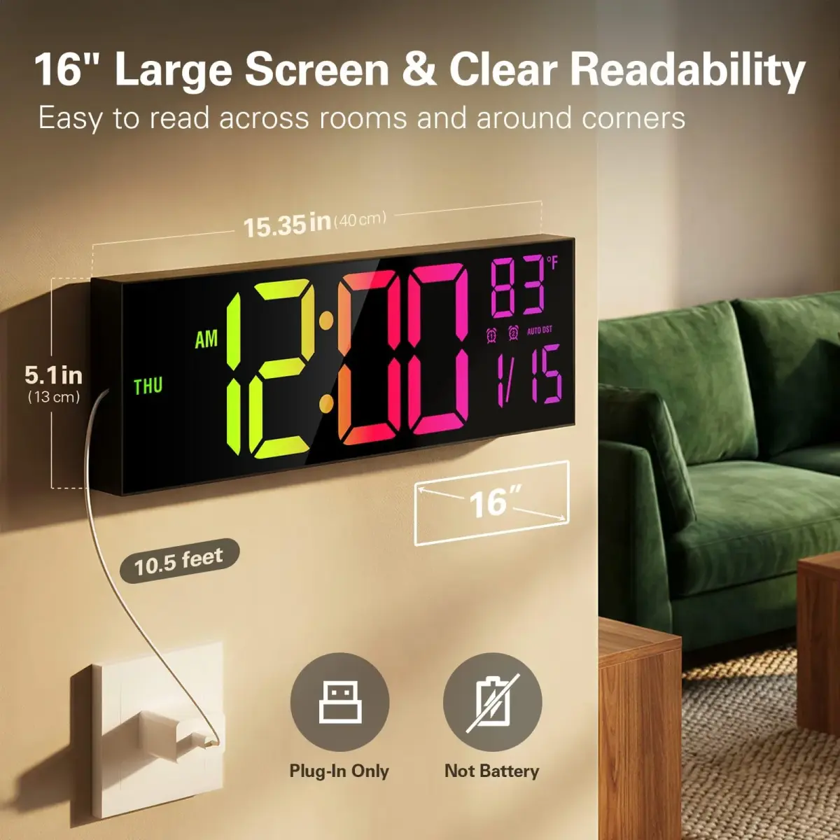 JALL 16-inch Digital Wall Clock with Timer & RGB Light | 40.6 cm (16 inches) - view 2