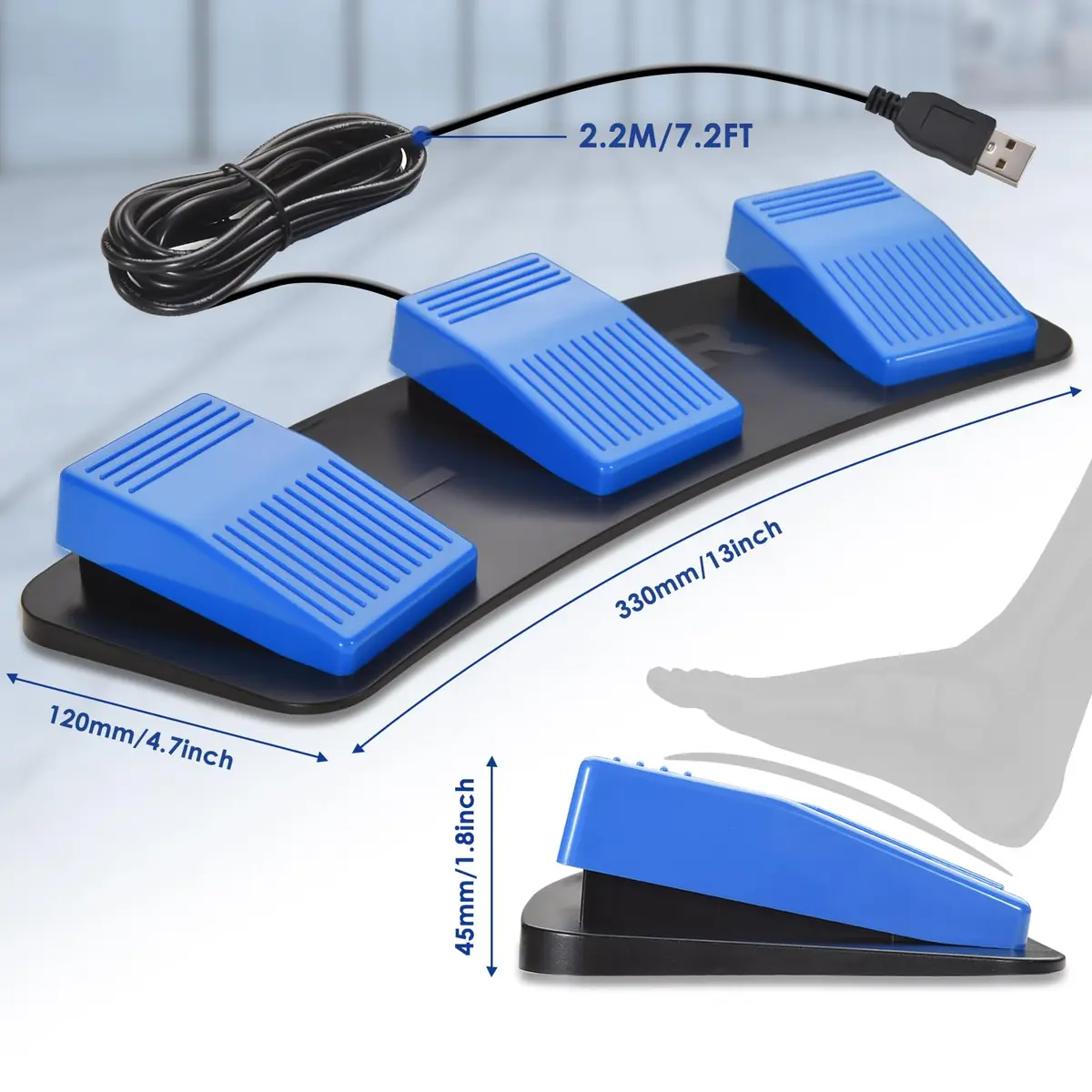 iKKEGOL Upgraded Triple USB Foot Pedal Switch | Programmable Keyboard Mouse String Multimedia Game Control (Black) - view 4