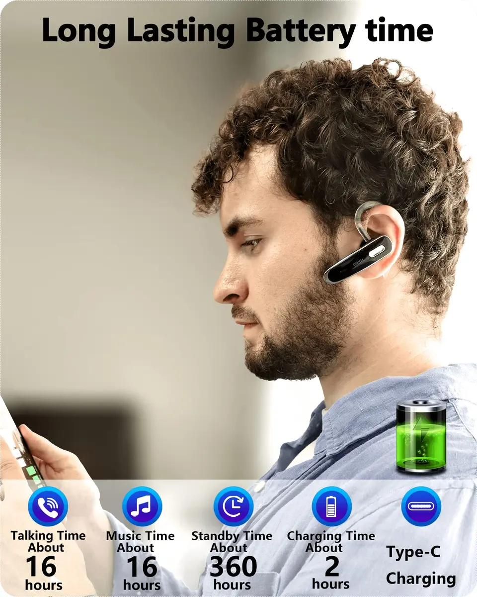Jinreoo Bluetooth Headset V5.1 | Noise Cancellation, Long Battery, Universal Compatibility - view 6