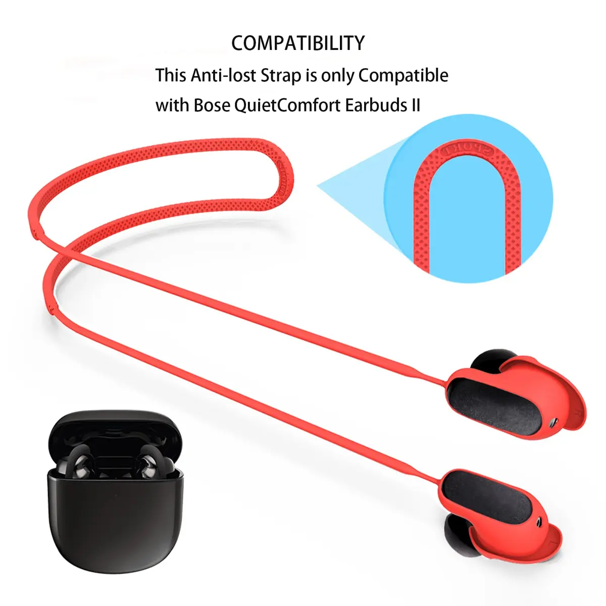 YBSCJHGR Anti-Lost Strap for Bose QuietComfort Earbuds II & Ultra, Red Silicone Lanyard | Secure & Lightweight - view 3