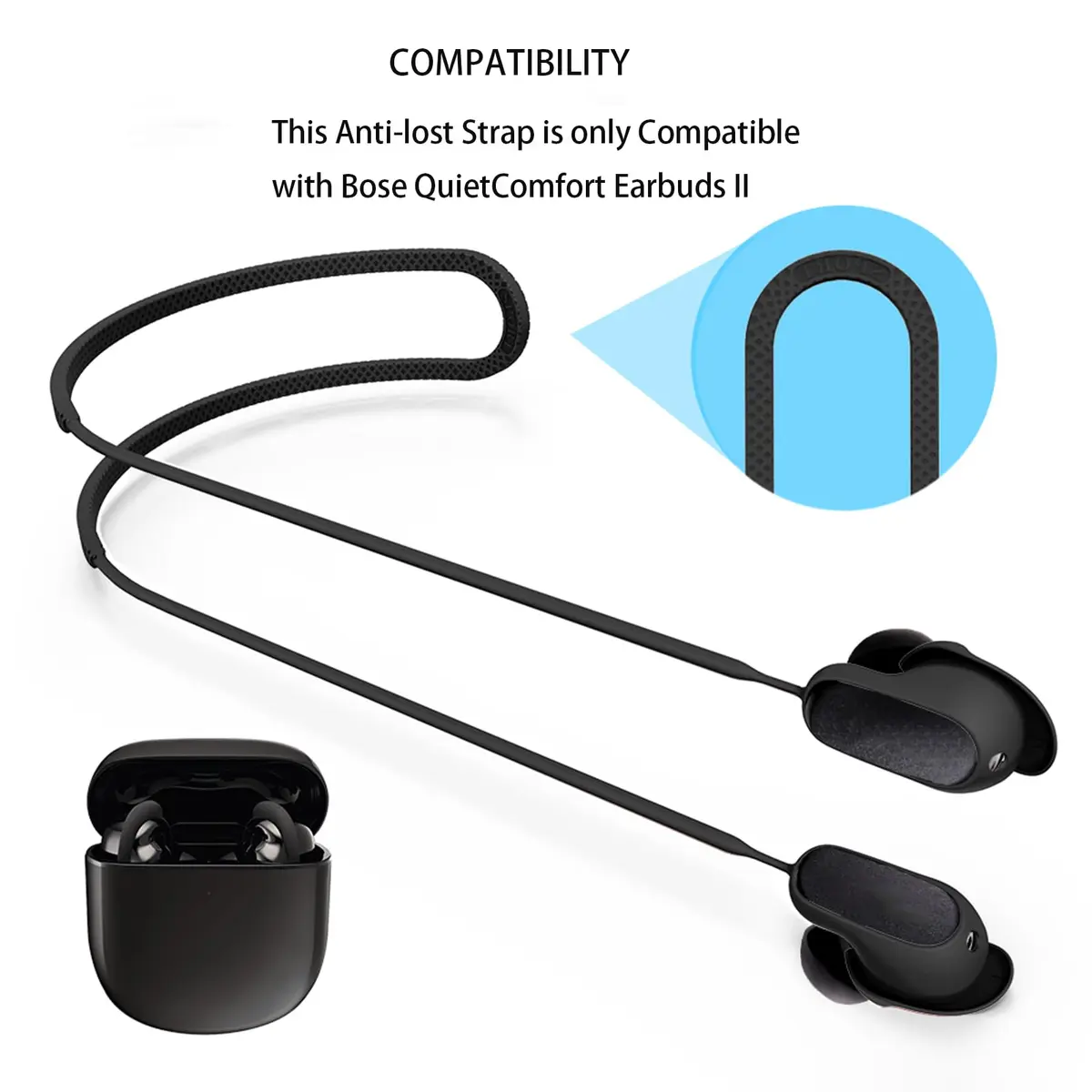 YBSCJHGR Anti-Lost Strap for Bose QuietComfort Earbuds II & Ultra, Black Silicone | Secure Neck Cord for Active Use - view 3