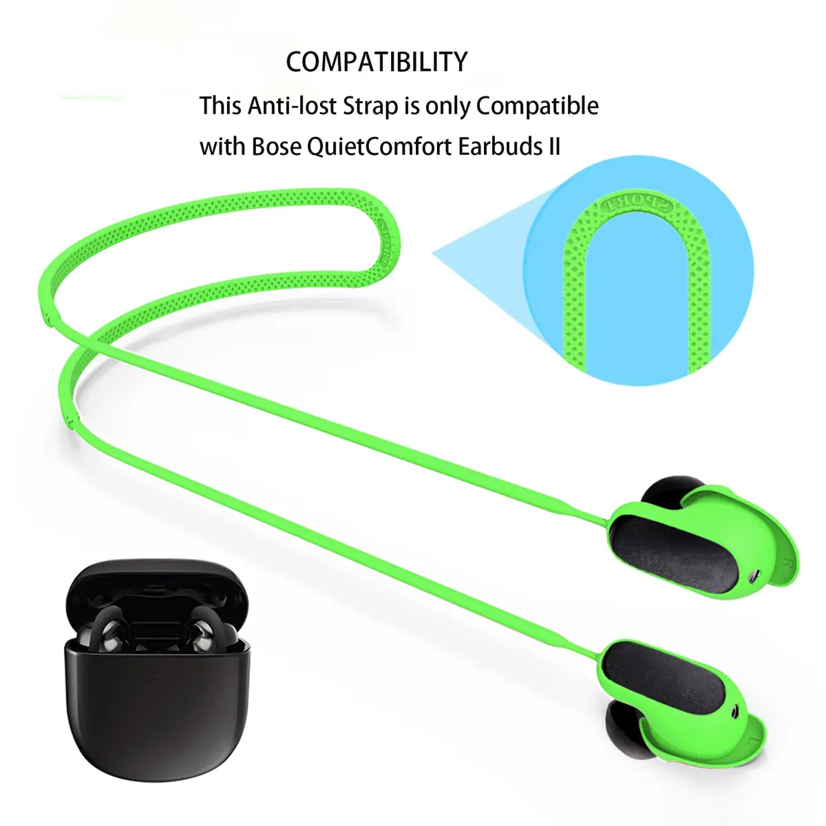 YBSCJHGR Anti-Lost Strap for Bose QuietComfort Earbuds II & Ultra, Silicone Neck Cord (Green) - view 3