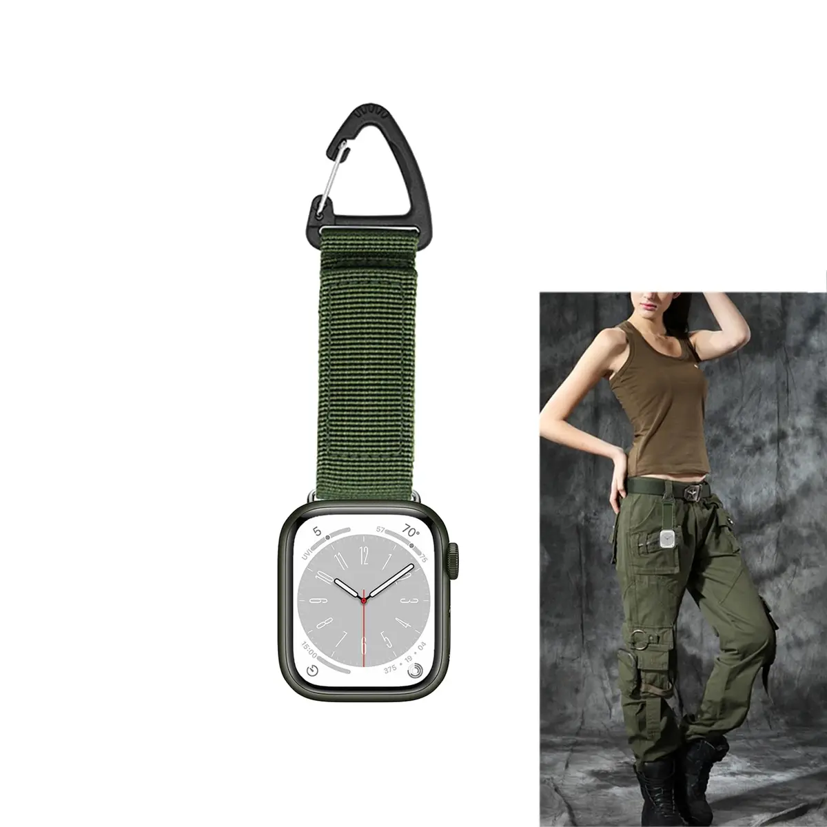 YwonShne Nylon Watch Band with Carabiner Clip for Apple Watch 38-49mm | Breathable Molle Webbing Tactical Strap - main product image