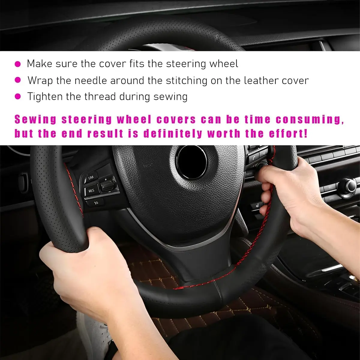 Ziciner Genuine Leather Steering Wheel Cover | Breathable, Anti-Slip, DIY Sewing, Max Diameter 15 Inch - view 5