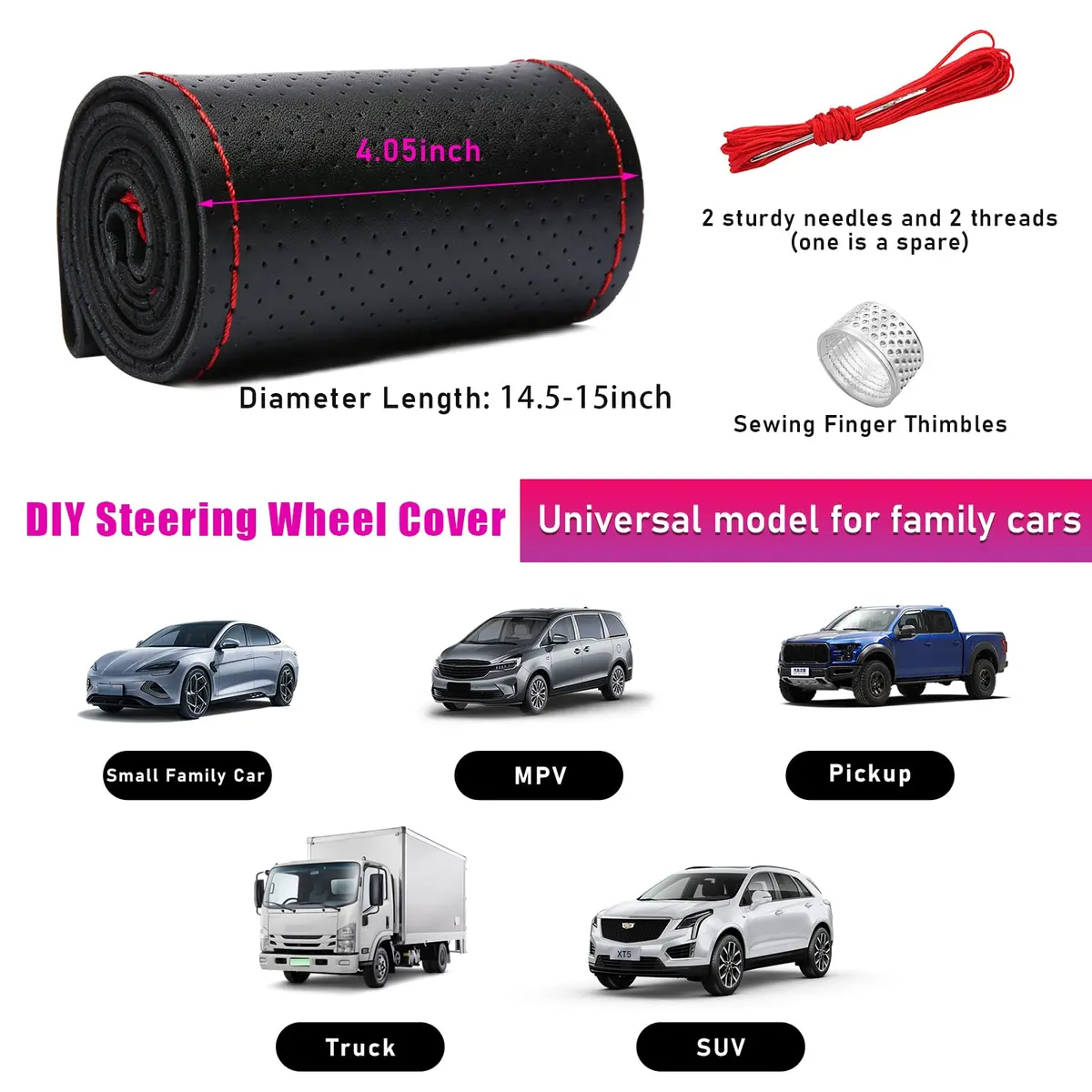Ziciner Genuine Leather Steering Wheel Cover | Breathable, Anti-Slip, DIY Sewing, Max Diameter 15 Inch - view 2