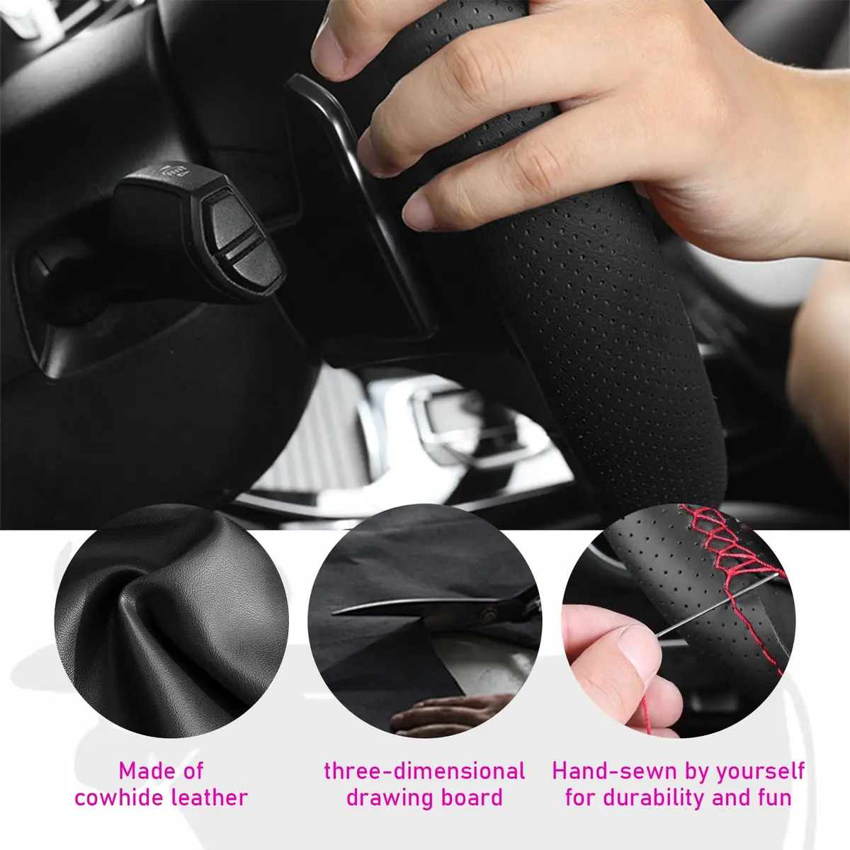 Ziciner Genuine Leather Steering Wheel Cover | Breathable, Anti-Slip, DIY Sewing, Max Diameter 15 Inch - view 3
