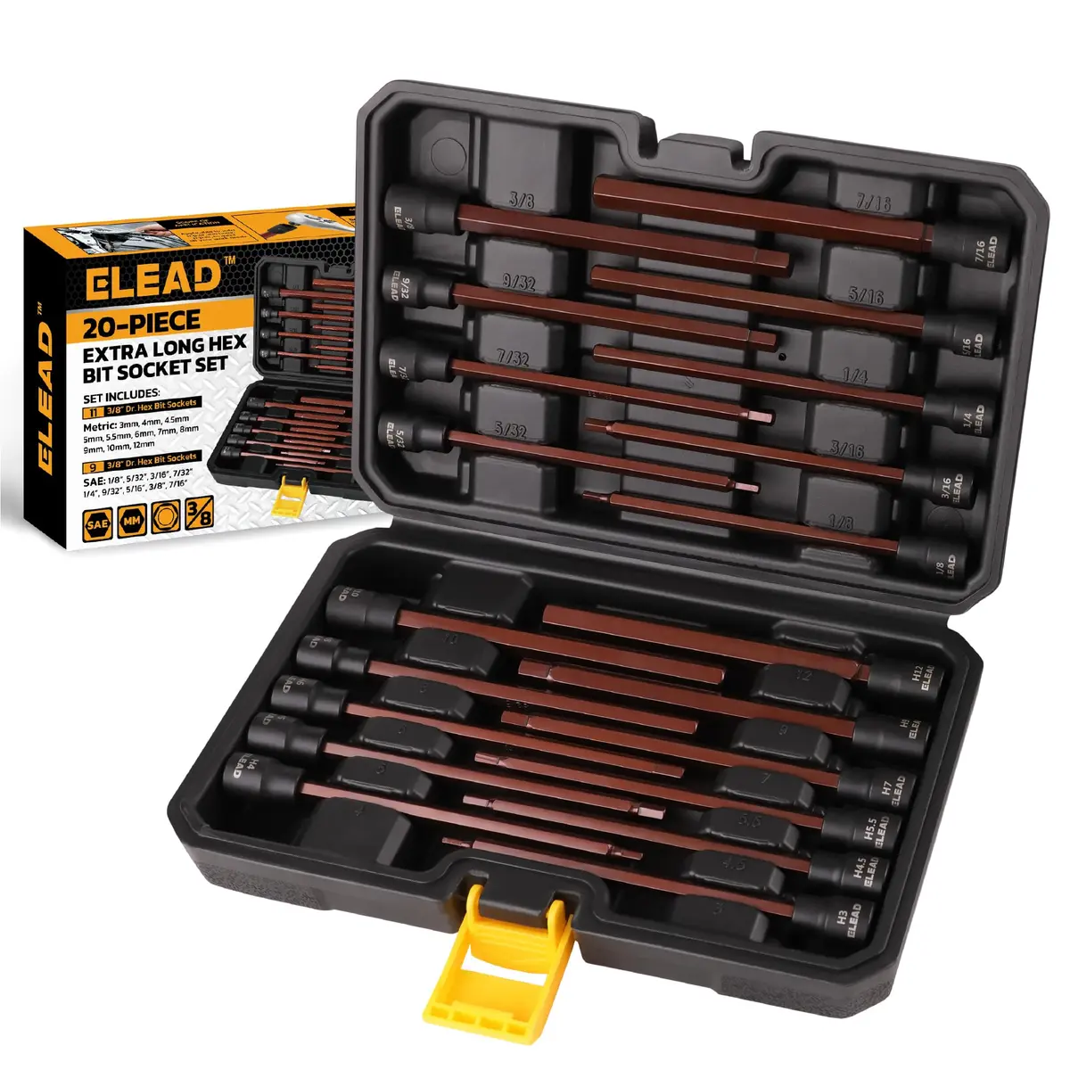 ELEAD Extra-Long Allen Hex Bit Socket Set 20-Piece 150mm | SAE & Metric, Impact Ready, Durable S2 Steel - main product image