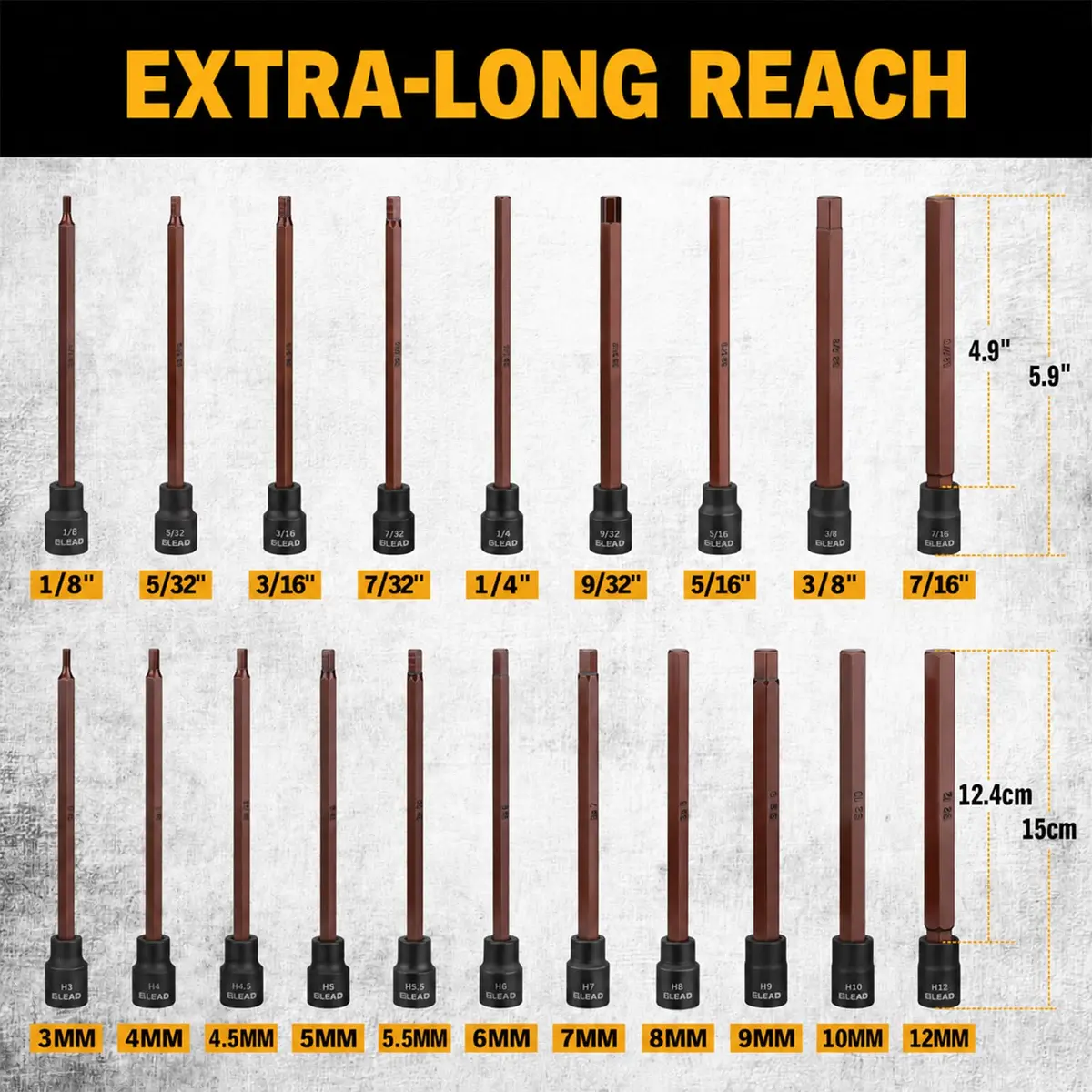 ELEAD Extra-Long Allen Hex Bit Socket Set 20-Piece 150mm | SAE & Metric, Impact Ready, Durable S2 Steel - view 2