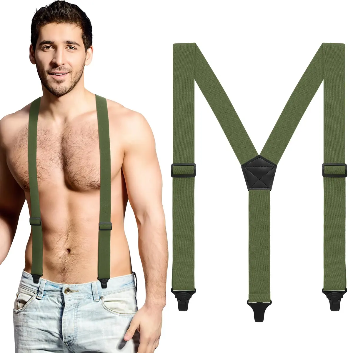 Jiuguva Men Hidden Undershirt Suspender Under Clothing Y 1.5in,Army Green | Airport Friendly Heavy Duty Suspenders - main product image