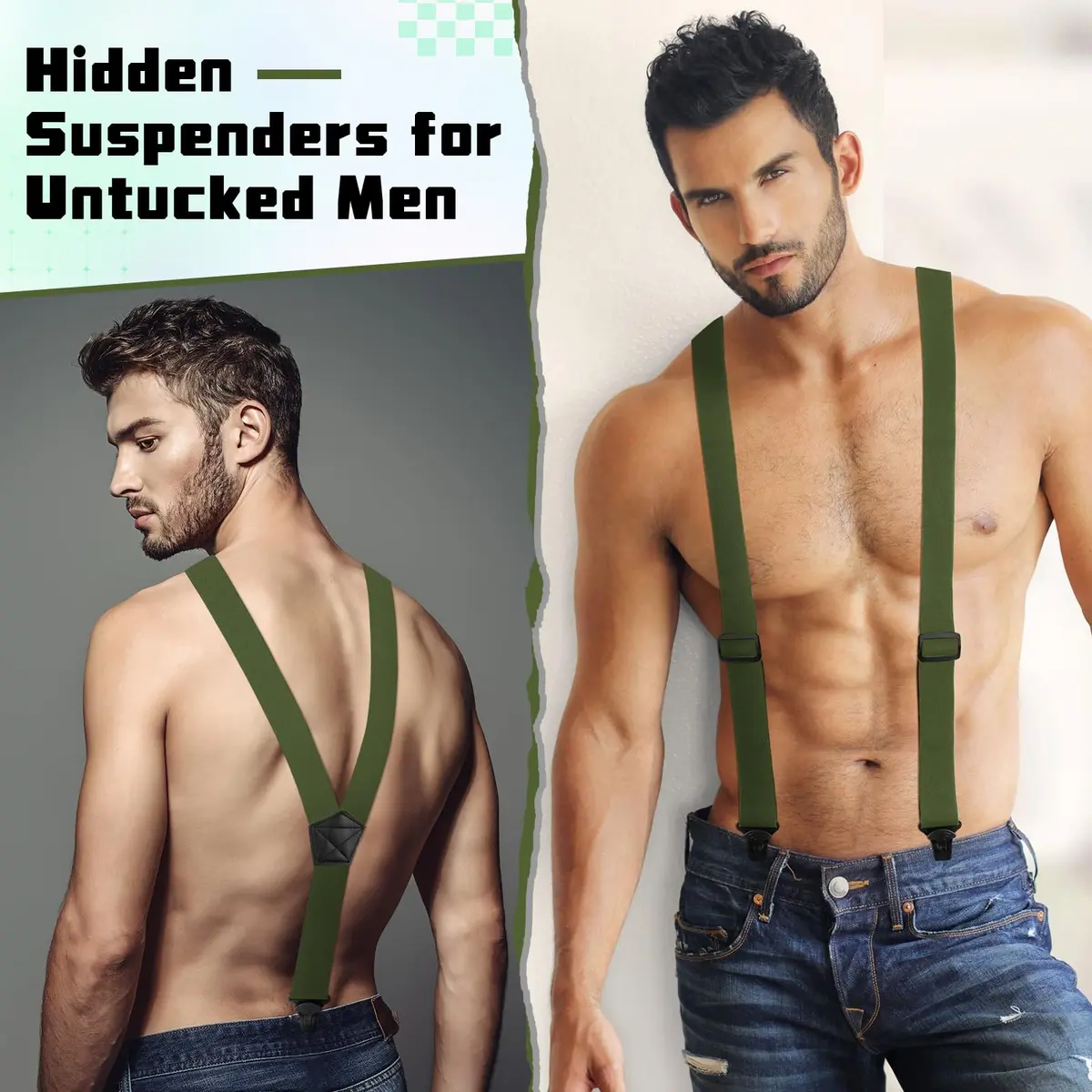 Jiuguva Men Hidden Undershirt Suspender Under Clothing Y 1.5in,Army Green | Airport Friendly Heavy Duty Suspenders - view 2