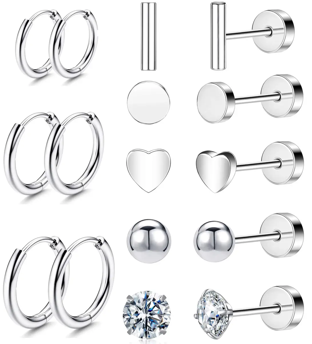 GOGOEY Hypoallergenic Titanium Earrings for Sensitive Ears 14K Gold Plated Opal Ball CZ Heart Small Surgical Steel Flatback Earrings for Women Men (B-Silver) | Comfortable & Durable - main product image