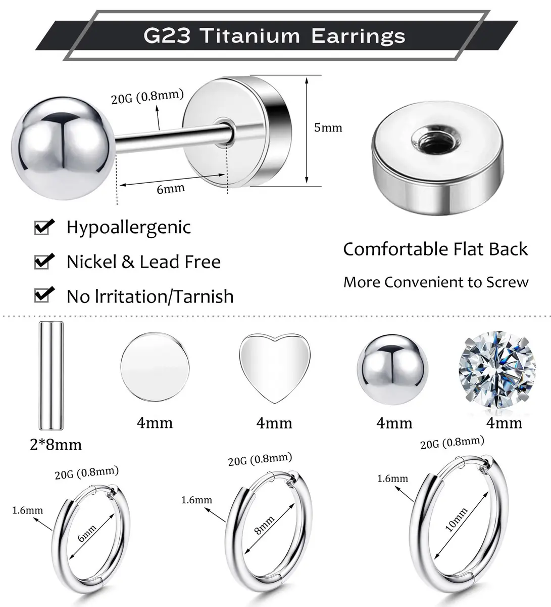GOGOEY Hypoallergenic Titanium Earrings for Sensitive Ears 14K Gold Plated Opal Ball CZ Heart Small Surgical Steel Flatback Earrings for Women Men (B-Silver) | Comfortable & Durable - view 2