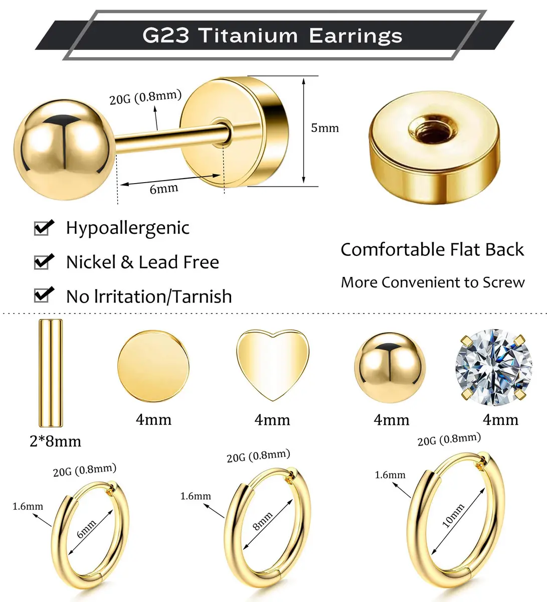GOGOEY G23 Titanium Earrings - Dot Ball Opal Cubic Zirconia Stud & Hoop Set 6mm | Flat Back for Women - view 2