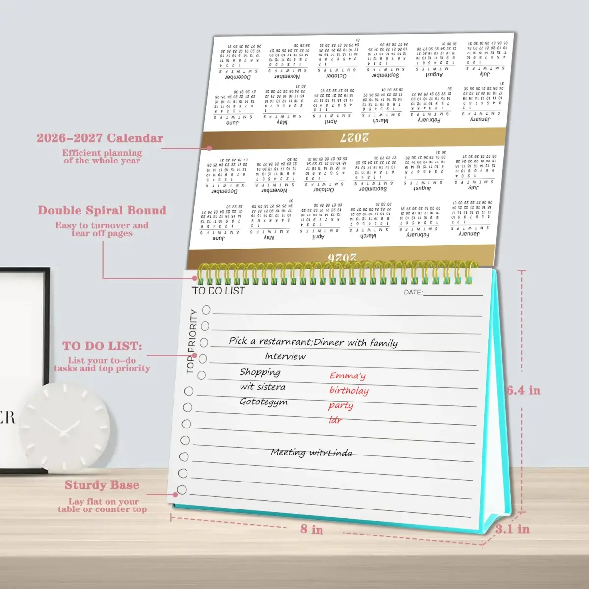 Ymumuda Floral Desk Calendar 2026-2027 20cm (8" x 6") | Academic Year Planning with To-Do Lists - view 6