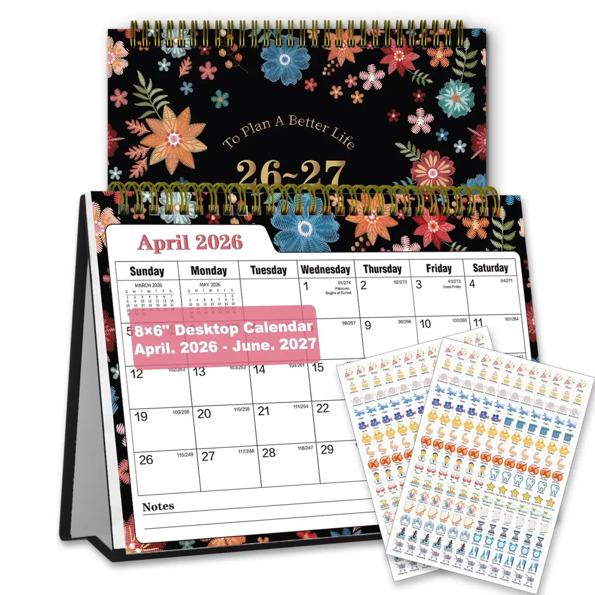 Ymumuda Floral Desk Calendar 2026-2027 20cm (8") x 15cm (6") | Academic Year Planner with To-Do Lists - main product image