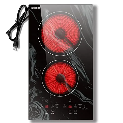 Karinear 12-inch 2-Burner Electric Cooktop 110-120V Plug-in Ceramic Cooktop with Wave Pattern | Countertop or Built-in Install - main product image