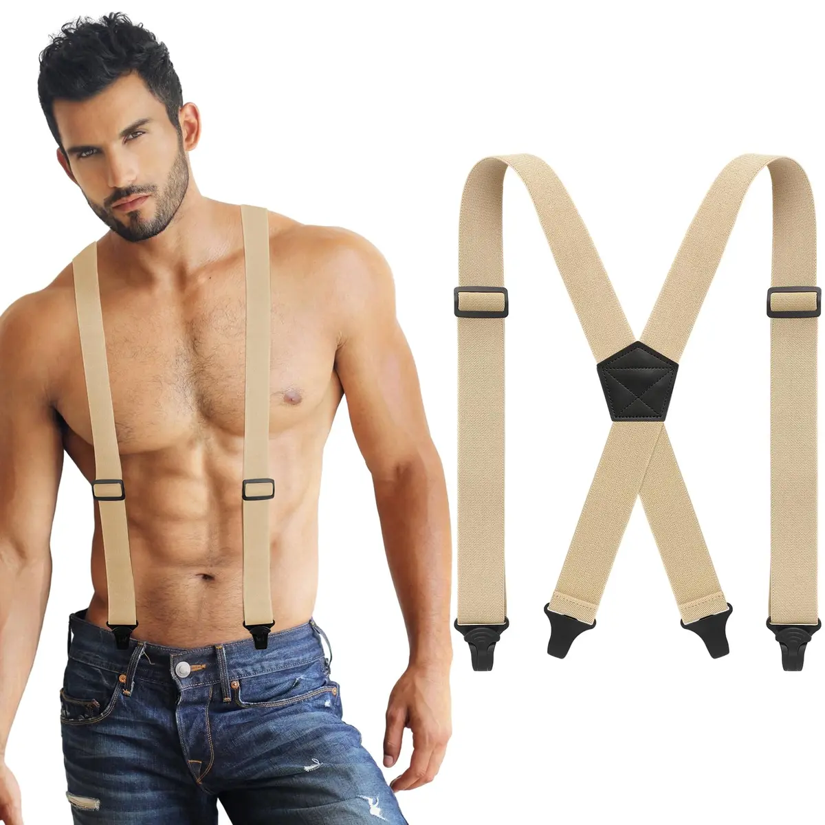 Janmercy Men's Hidden X-Back Suspender Khaki 120 cm (47.24 x 1.5 inches) | Airport Friendly Plastic Clips - main product image