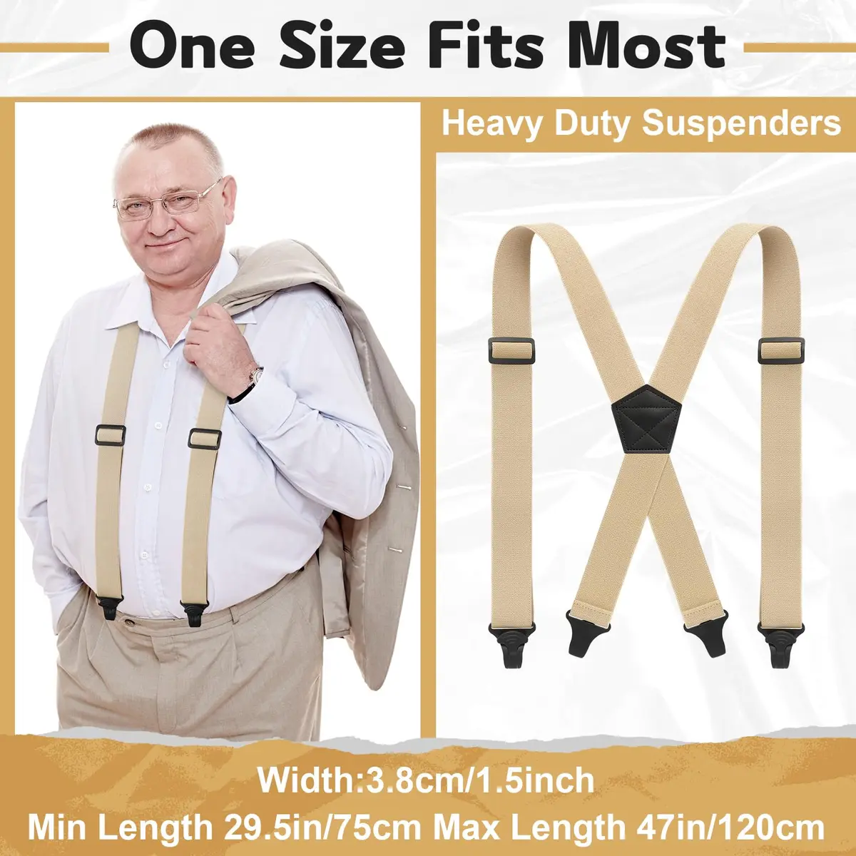 Janmercy Men's Hidden X-Back Suspender Khaki 120 cm (47.24 x 1.5 inches) | Airport Friendly Plastic Clips - view 5
