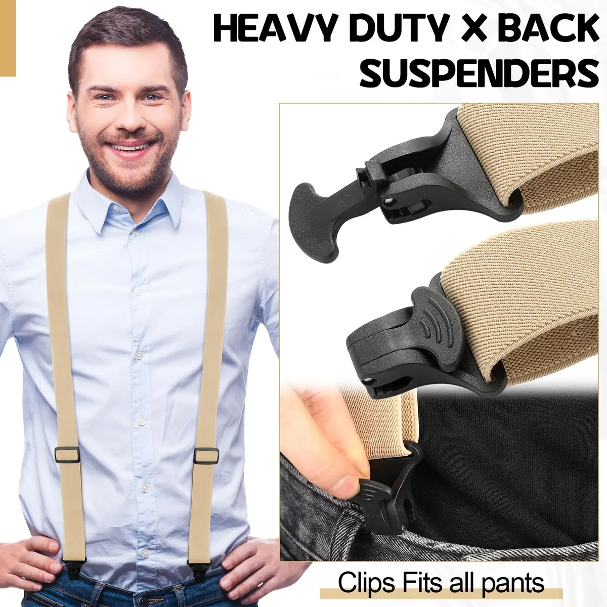 Janmercy Men's Hidden X-Back Suspender Khaki 120 cm (47.24 x 1.5 inches) | Airport Friendly Plastic Clips - view 3