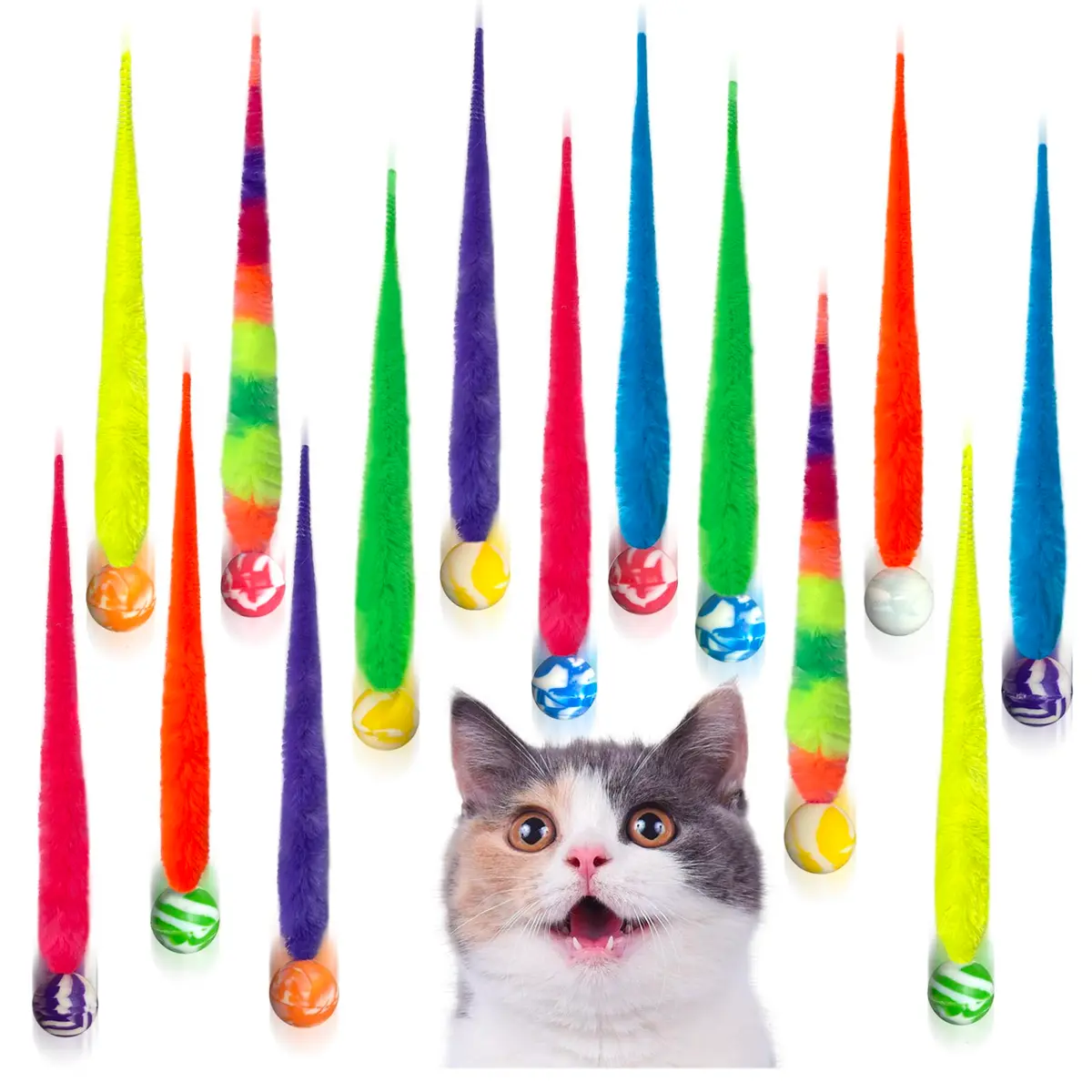 AcceLeah Fluffy Rainbow Elastic Balls Interactive Cat Toys 23cm (9in) Pack of 14 | Engaging Play for Feline Instincts - main product image