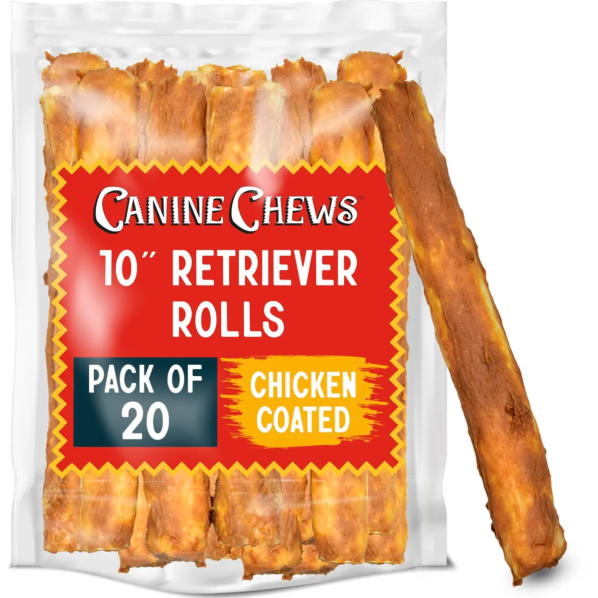 Canine Chews 10" Chicken Coated Dog Rawhide Retriever Rolls | Long-Lasting & Healthy Dental Chew for Large Dogs - main product image