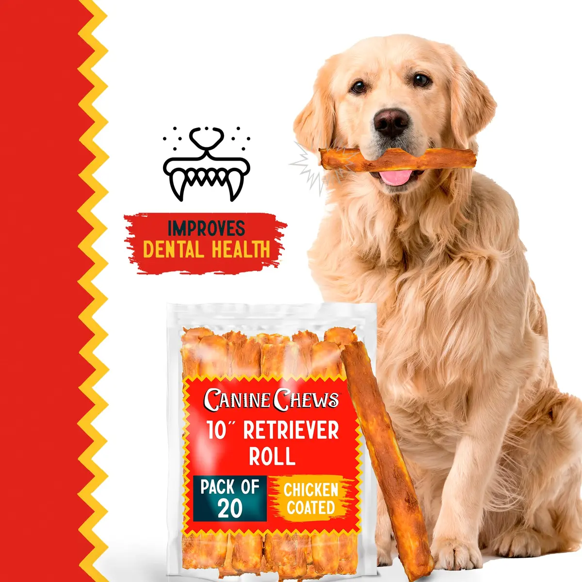 Canine Chews 10" Chicken Coated Dog Rawhide Retriever Rolls | Long-Lasting & Healthy Dental Chew for Large Dogs - view 6