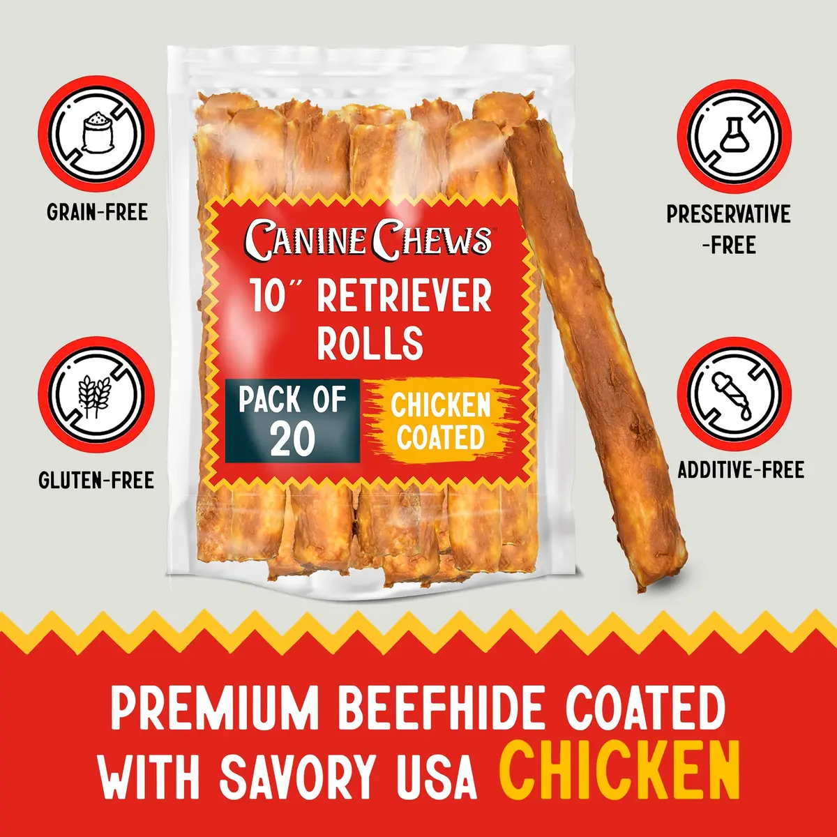 Canine Chews 10" Chicken Coated Dog Rawhide Retriever Rolls | Long-Lasting & Healthy Dental Chew for Large Dogs - view 2