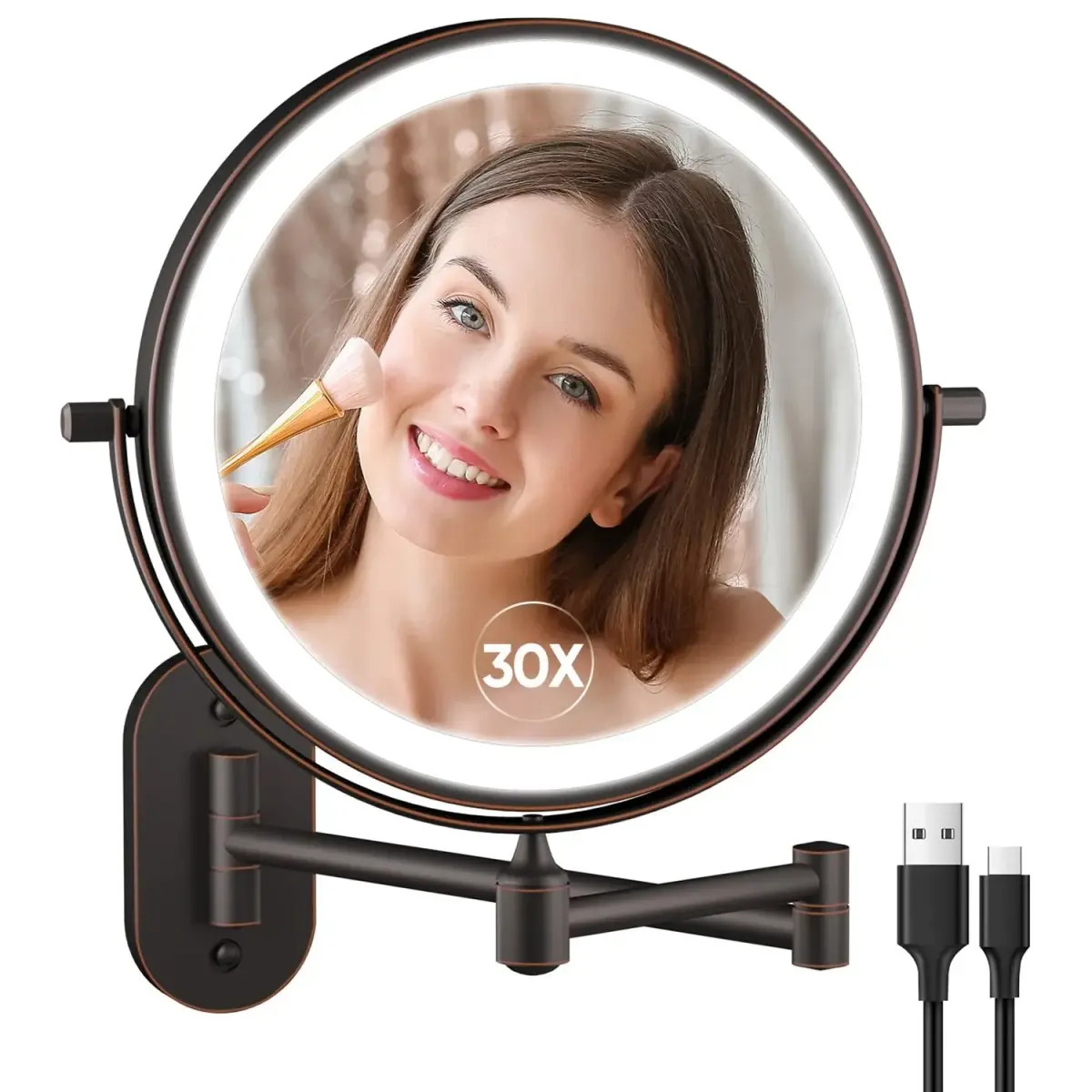 FUNTOUCH Rechargeable Wall Mounted Lighted Makeup Mirror 30cm (12") | 3 Color Lights, 360° Rotation - main product image
