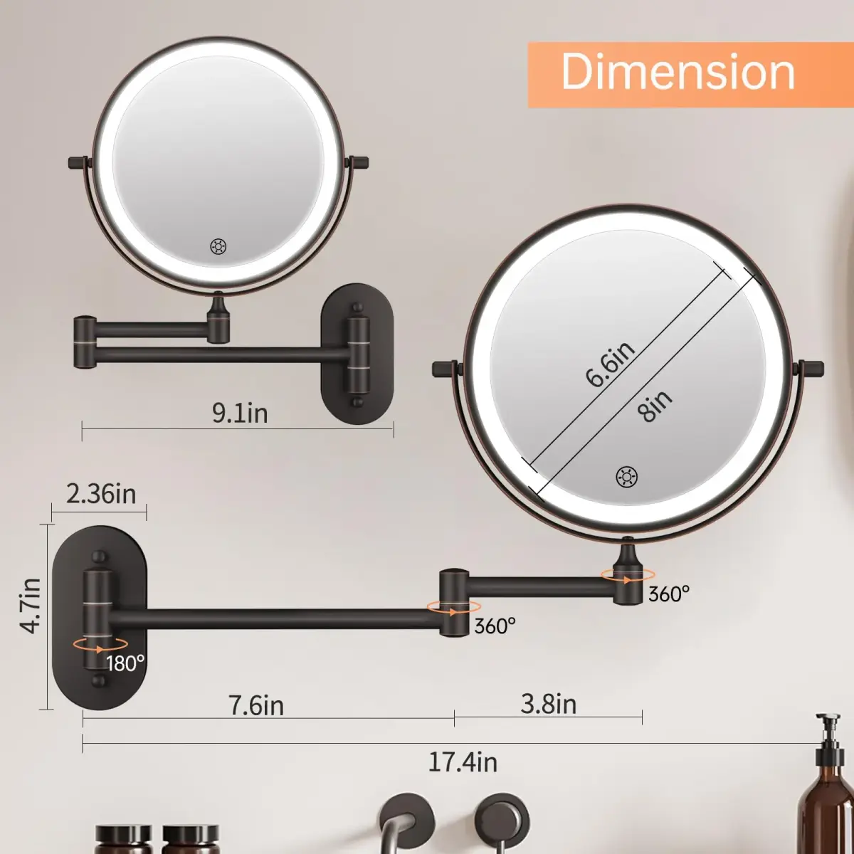 FUNTOUCH Rechargeable Wall Mounted Lighted Makeup Mirror 30cm (12") | 3 Color Lights, 360° Rotation - view 5
