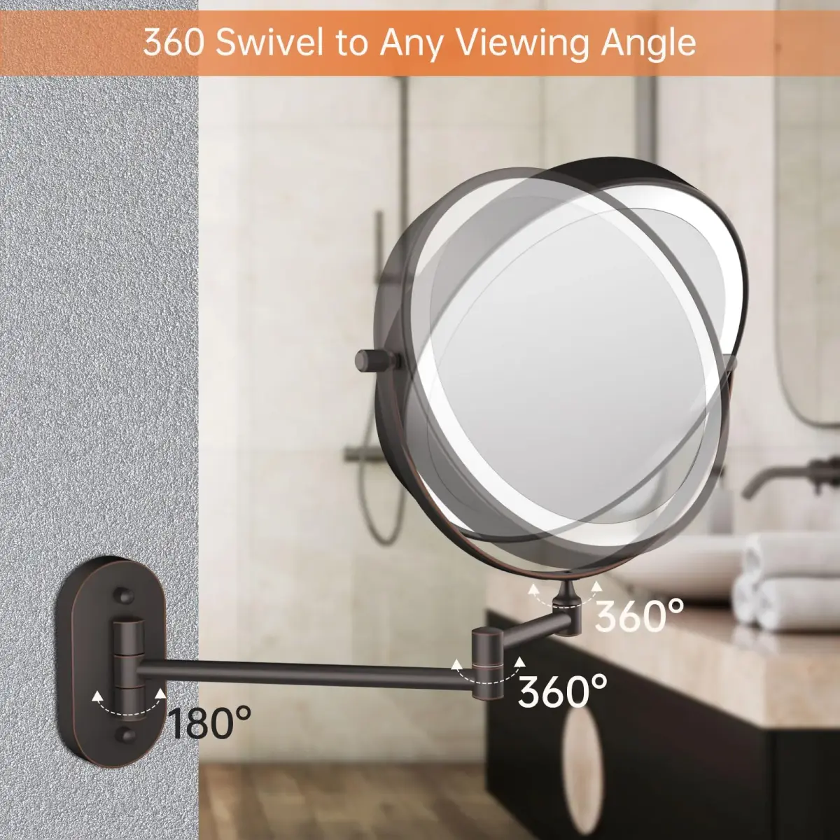 FUNTOUCH Rechargeable Wall Mounted Lighted Makeup Mirror 30cm (12") | 3 Color Lights, 360° Rotation - view 6