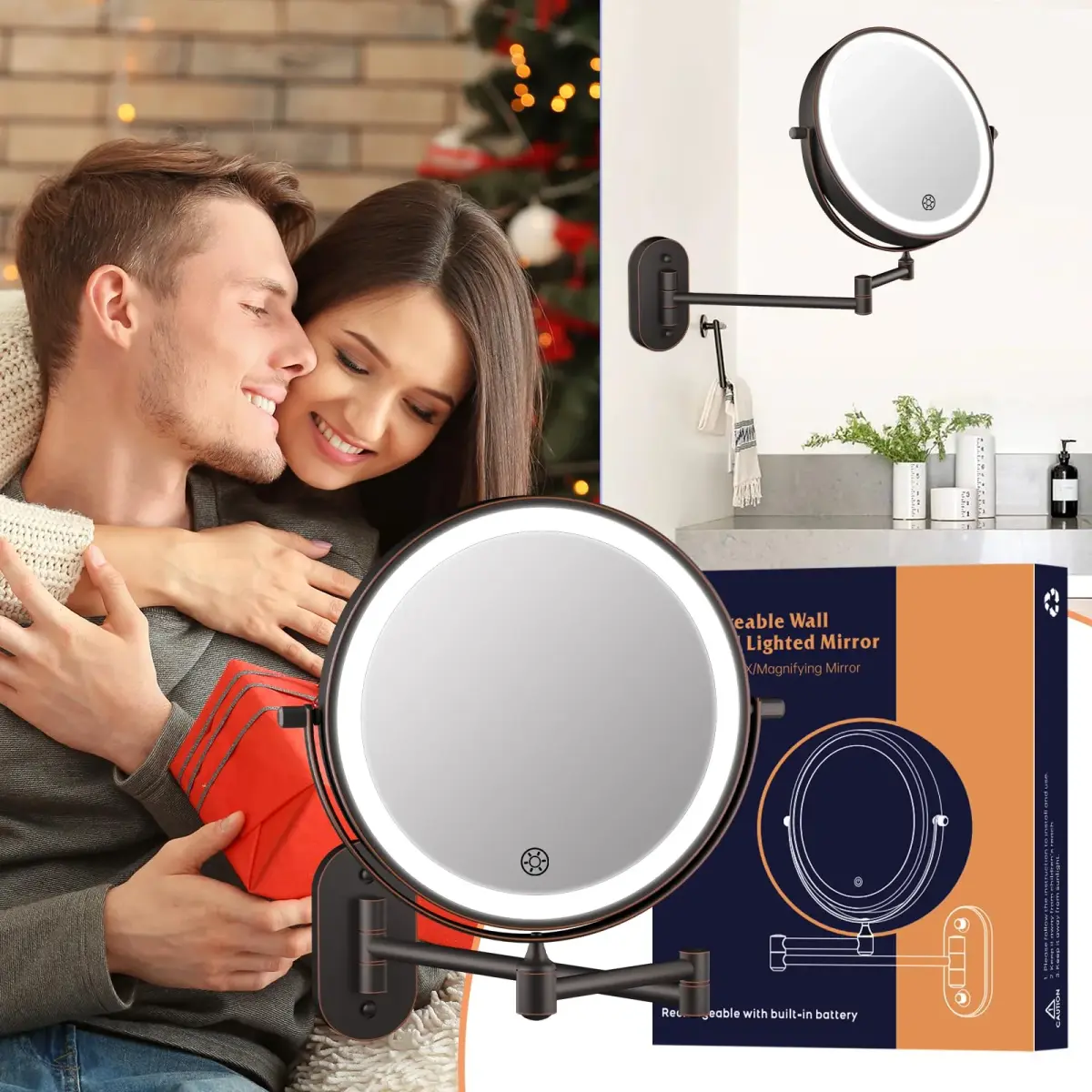 FUNTOUCH Rechargeable Wall Mounted Lighted Makeup Mirror 30cm (12") | 3 Color Lights, 360° Rotation - view 7