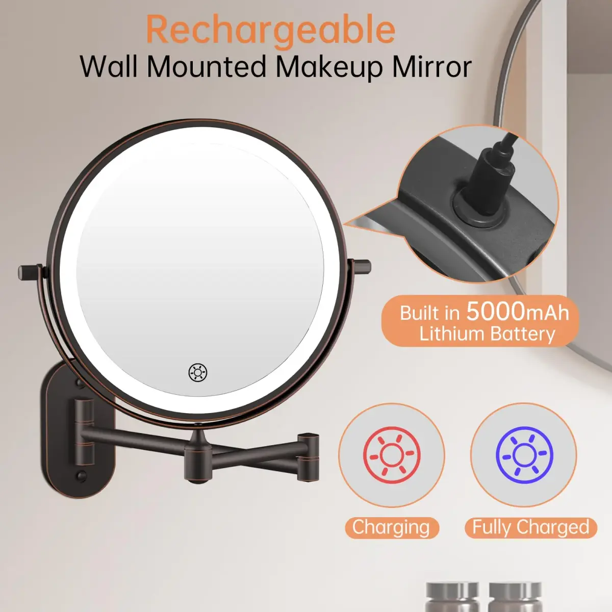 FUNTOUCH Rechargeable Wall Mounted Lighted Makeup Mirror 30cm (12") | 3 Color Lights, 360° Rotation - view 2