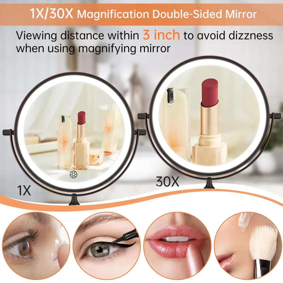 FUNTOUCH Rechargeable Wall Mounted Lighted Makeup Mirror 30cm (12") | 3 Color Lights, 360° Rotation - view 3