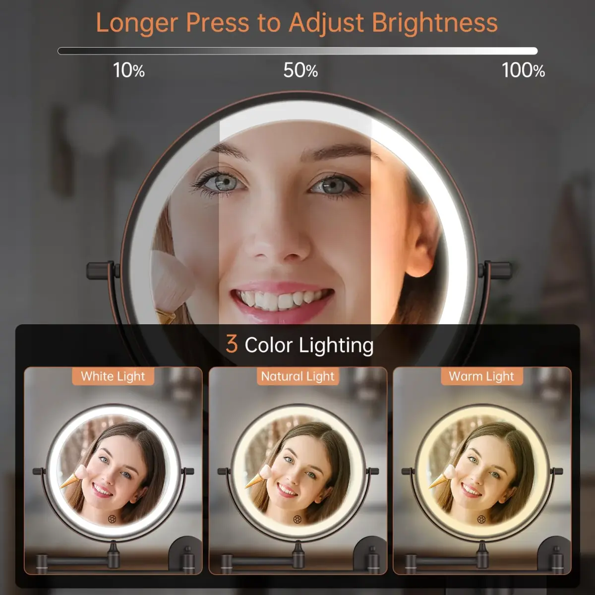 FUNTOUCH Rechargeable Wall Mounted Lighted Makeup Mirror 30cm (12") | 3 Color Lights, 360° Rotation - view 4