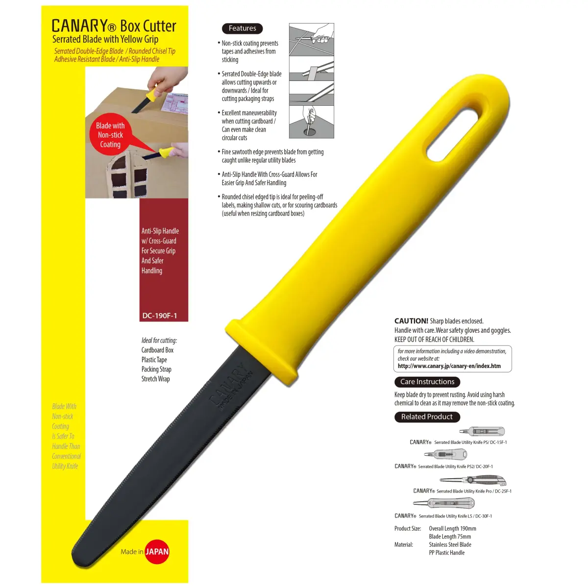 CANARY Cardboard Cutter Utility Knife 7.5" (19 cm) with Non-Stick Blade, 2-Pack | Made in Japan for Clean Box Opening - view 2