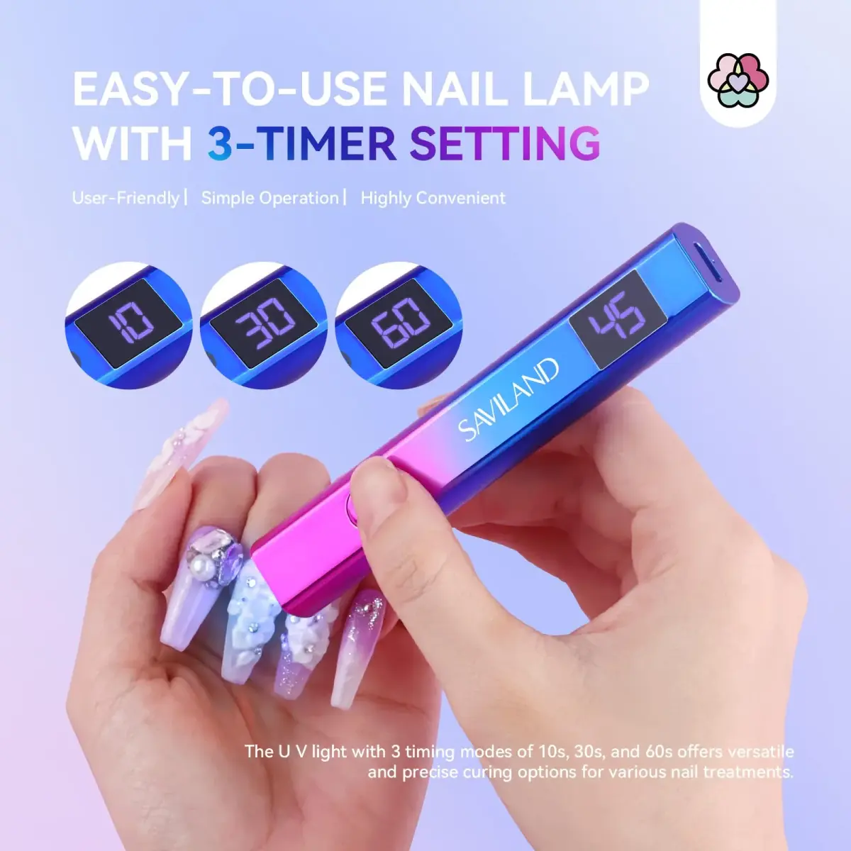 SAVILAND Mini UV LED Nail Lamp 12W with Gooseneck Clip & 3 Timers | 365+405nm Wavelength, Rechargeable 400mAh Battery - view 4