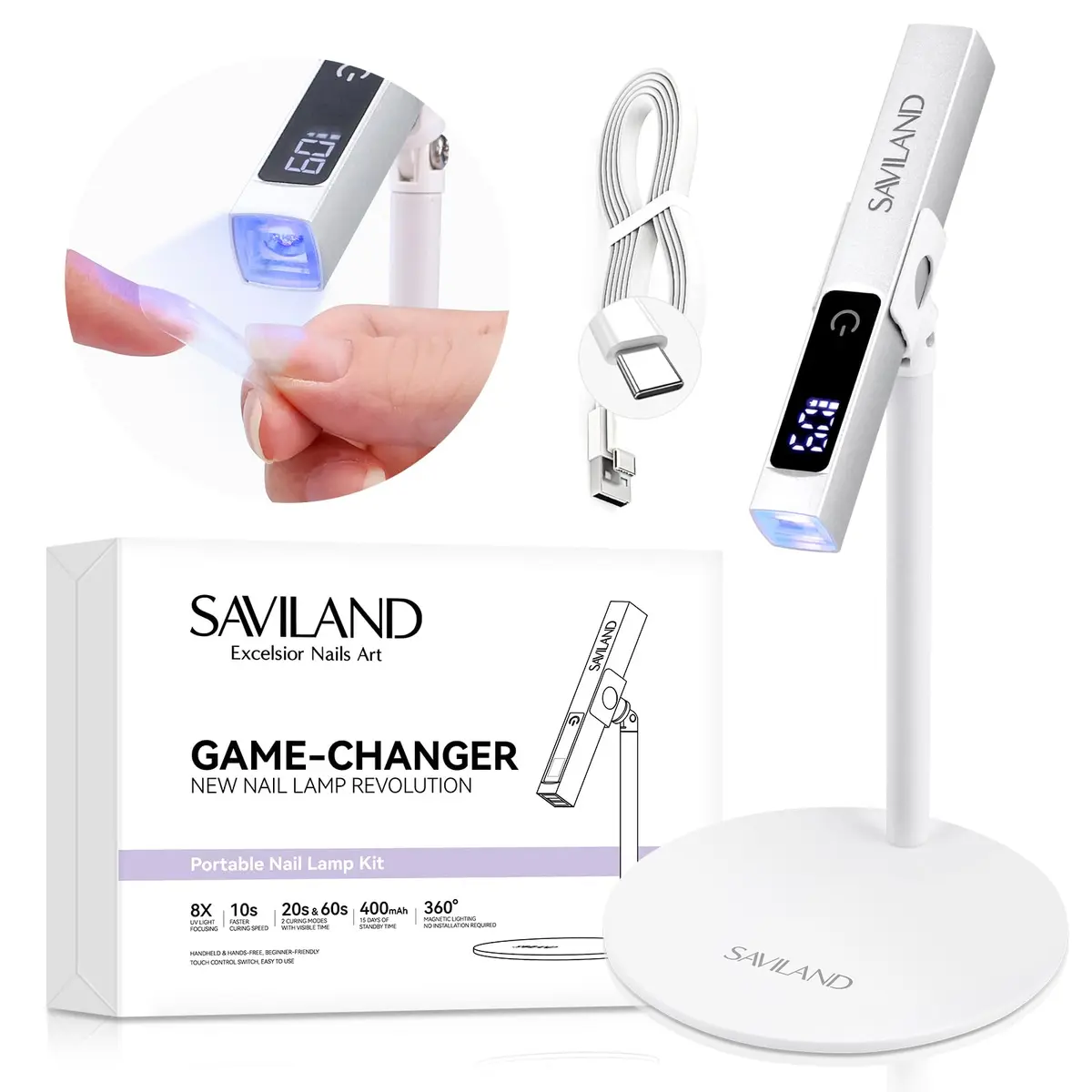 SAVILAND LED Nail Lamp Kit with Magnetic Stand & LCD Screen, 12W Portable Mini Dryer for Gel Nails | Hands-Free 360° Rotation - main product image