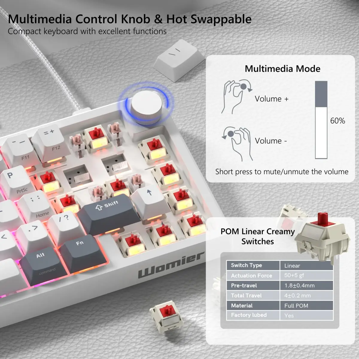 Womier WK61 V2 Mechanical Gaming Keyboard - 61 Keys, Hot-Swappable Linear Red Switch, V-White Grey - view 3
