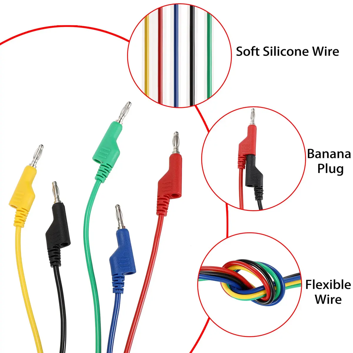 Sumnacon 5Pcs 3m (9.8Ft) Banana to Banana Plug Test Leads | 1000V/15A Stackable Silicone Cable Set - view 4