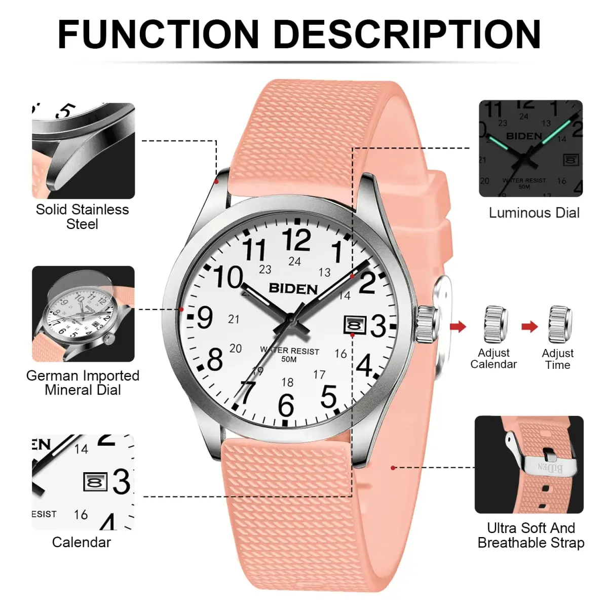 LN LENQIN Men's Analog Quartz Sports Watch 40mm Pink | Military Time with Luminous Dial - view 6