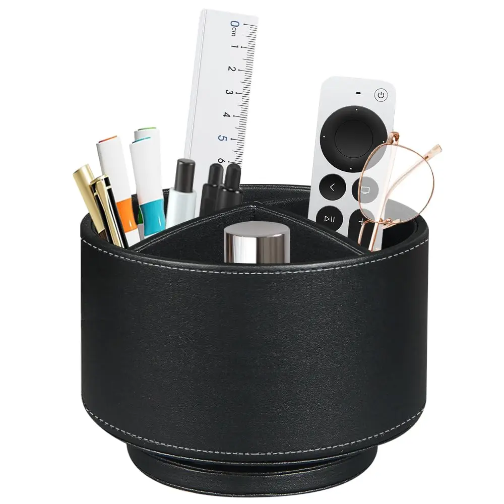 BIBELUN 360 Swivel Remote Control Holder with 4 Compartments | 14.8 cm (5.83 in) Black Faux Leather Desk Organizer - main product image