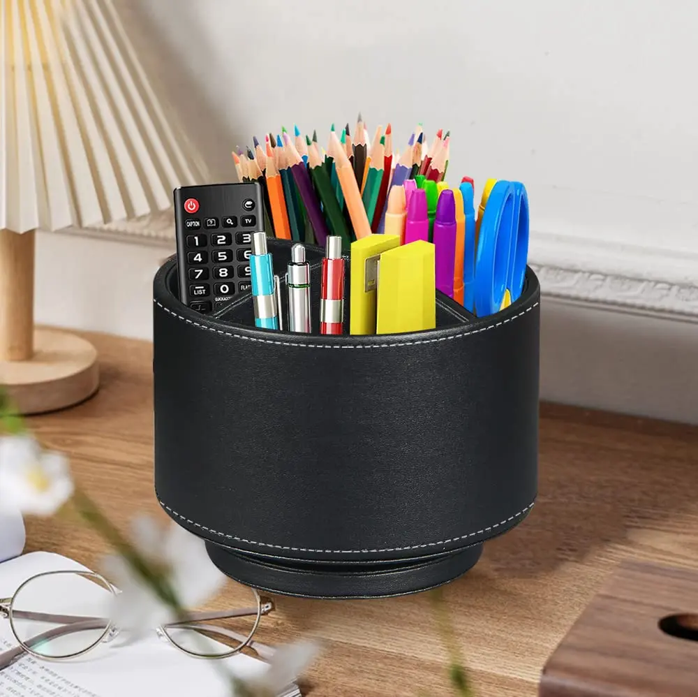 BIBELUN 360 Swivel Remote Control Holder with 4 Compartments | 14.8 cm (5.83 in) Black Faux Leather Desk Organizer - view 2