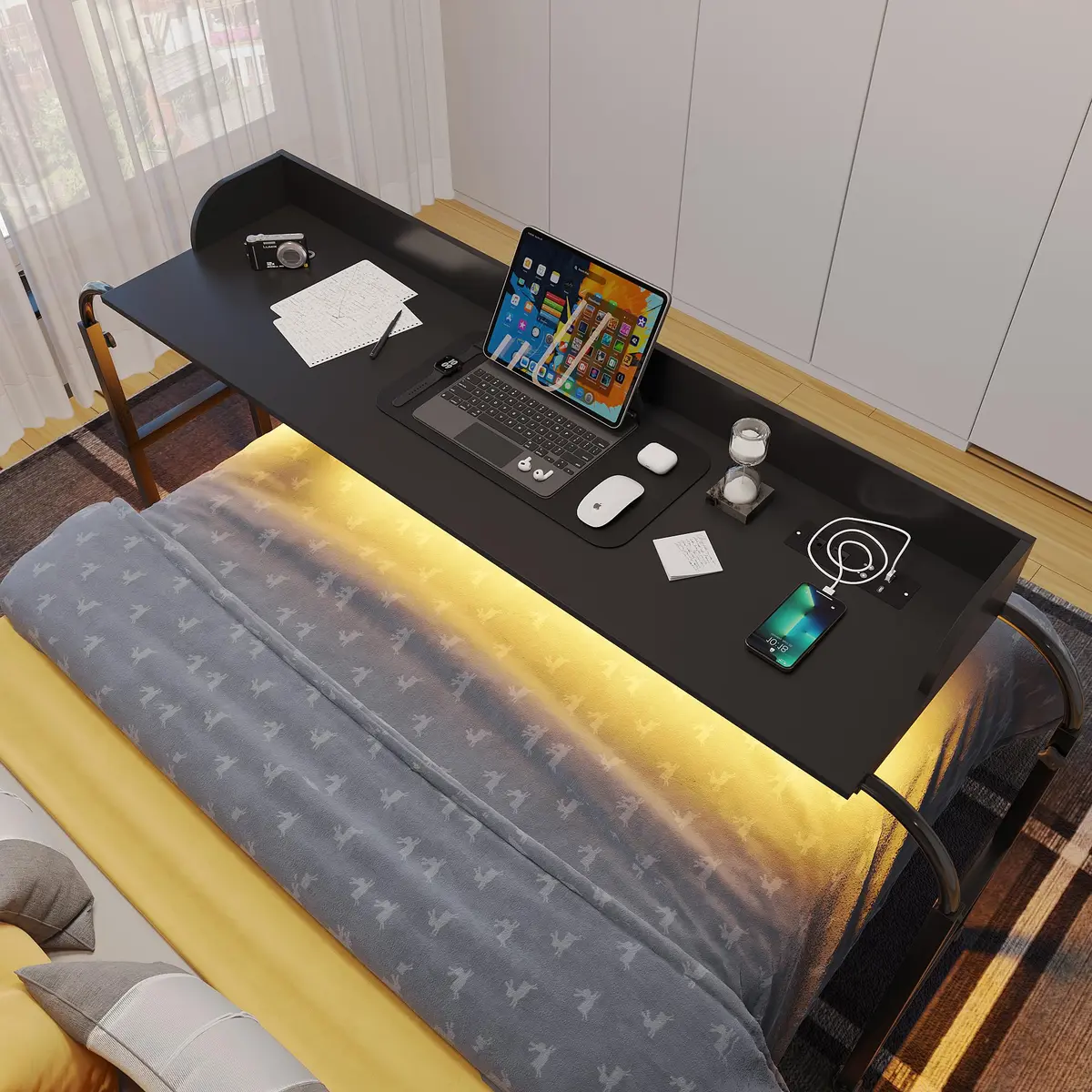 HWB Over Bed Desk with LED Light, Wheels & Charging Station | Adjustable Height, Black - main product image