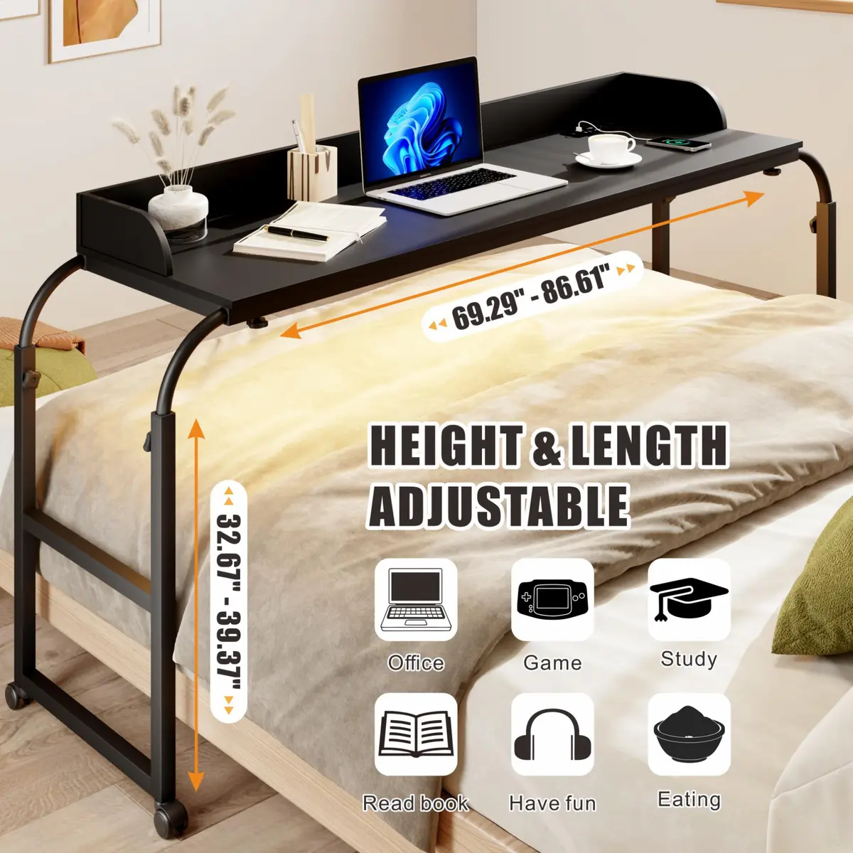 HWB Over Bed Desk with LED Light, Wheels & Charging Station | Adjustable Height, Black - view 5