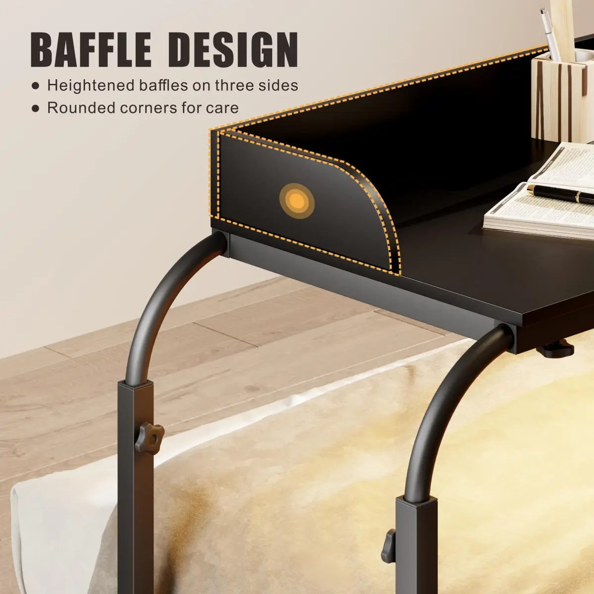 HWB Over Bed Desk with LED Light, Wheels & Charging Station | Adjustable Height, Black - view 6