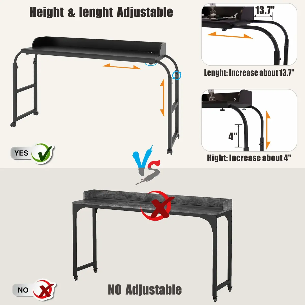HWB Over Bed Desk with LED Light, Wheels & Charging Station | Adjustable Height, Black - view 7