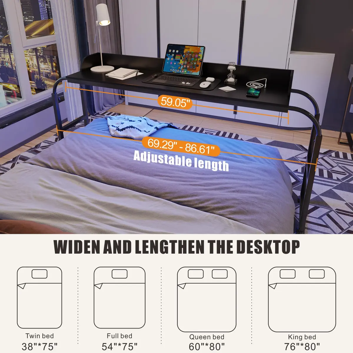 HWB Over Bed Desk with LED Light, Wheels & Charging Station | Adjustable Height, Black - view 9