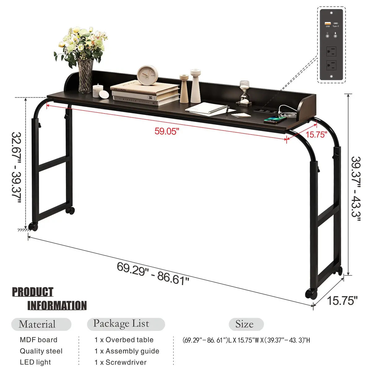 HWB Over Bed Desk with LED Light, Wheels & Charging Station | Adjustable Height, Black - view 2