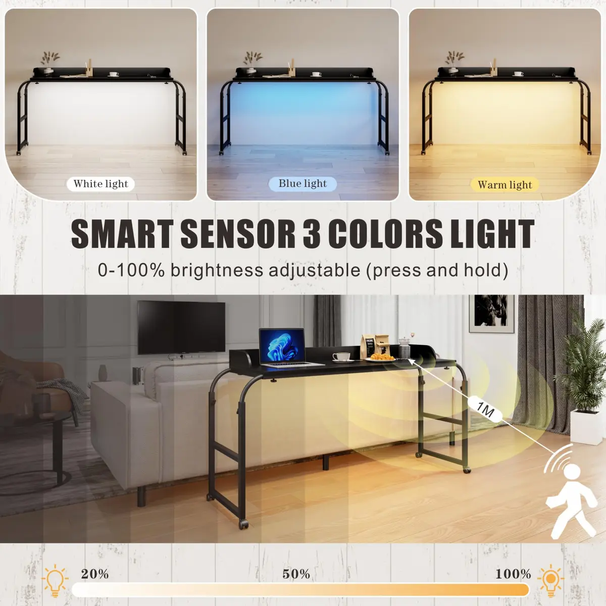 HWB Over Bed Desk with LED Light, Wheels & Charging Station | Adjustable Height, Black - view 3